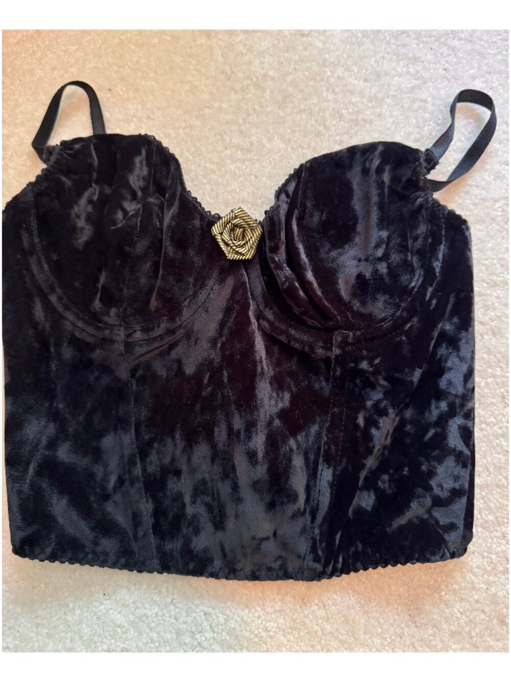 Vintage Black crushed Velvet Bustier Corset Crop Top Tank Les Délices M